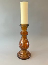 Large Amber Glass Candlestick Made In Spain