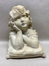 Vintage Plaster Bust Of Little Girl Child With Elbows On Pillow. Beautiful Piece!