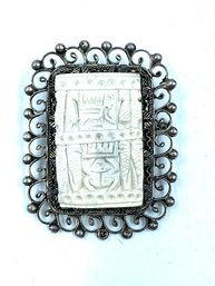 Antique Sterling Silver Filagree Scroll Brooch W/ Carved Hieroglyphic Stone