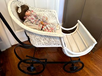 Antique Wicker Baby Stroller With Beautiful Doll Included