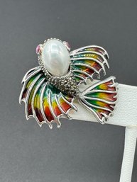 Multi Colored Gemstone Enamel Sterling Silver Japanese Fish Brooch / Pendant