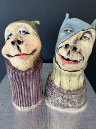 Pair Very Petite Hand Made Jester Pottery Faces