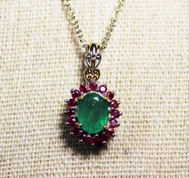 Contemporary Sterling Silver & Palladium Ruby And Emerald Necklace