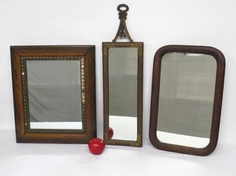 Trio Of Antique Mirrors Varying Shapes, Two In Oak