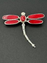 Vibrant Red Enamel Sterling Silver Articulating Dragonfly Brooch