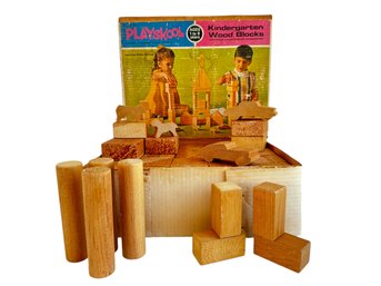 Vintage 1960s Playskool Kindergarten Wood Blocks With Wood Animals & Car Accessories