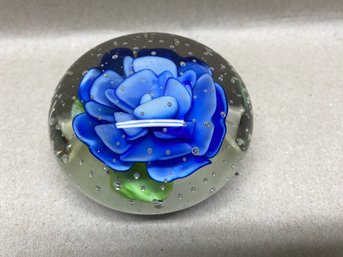 Beautiful Blue Rose Glass Paperweight. White Lines Are From Lights. Flawless.