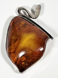 Very Large Natural Amber Sterling Silver Brooch Pendant