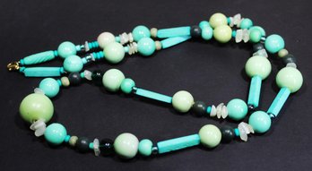 Vintage Turquoise Colored Plastic, Bone And Stone Beaded Necklace 34' Long