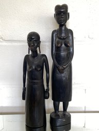 African Women Hand Carved Ebony Wood Statues 15in And 19in