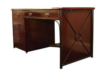 Mahogany Campaign Inspired Desk With Metal Trim And Darken Brass Pulls And Ebony Bankers Chair