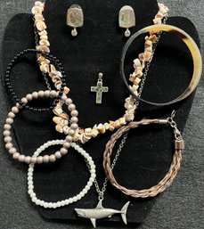 Vintage Jewelry Lot 9 - Seashell & Shark Necklace - Abalone Sterling 925 Earrings - Bracelets - Cross Pendant