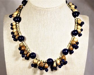 Vintage Ethnographic Blue Glass Beaded And Nut Choker Necklace 14' Long