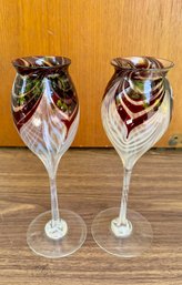 Pair Of Signed Nancy Freeman Studio Art Tulip Glasses - Marked 11/79