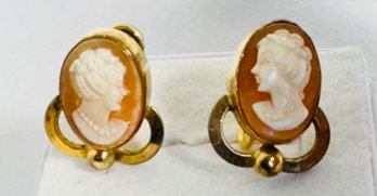 SIGNED VINTAGE CARVED SHELL CAMEO 12K GOLD-FILLED SCREW-BACK EARRINGS