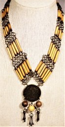 Costume Necklace Faux Coin And Wood Beaded Necklace