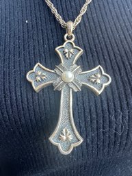Large Ebonized Pearl Bezel Latin Cross Pendant Necklace