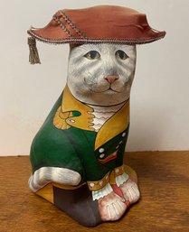 Marvelous Hand Painted Vintage Paper Mache Cat With Cloth Hat