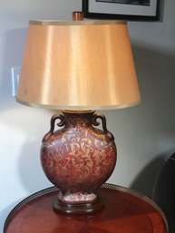 Wonderful Accent Vase Lamp - With Shade - Burgundy With Gold Accents - Very Nice Lamp - With Wooden Base