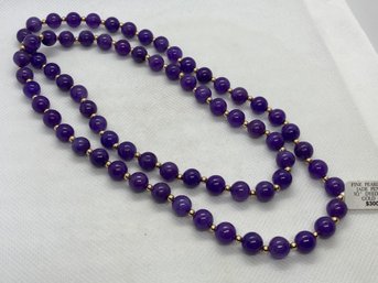 14K Yellow Gold And Lavender Jade Bead Necklace