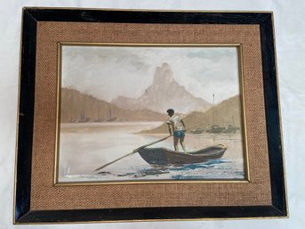 Landscape Water Scene Painting Man In Boat Unsigned 21x17 Matted Framed