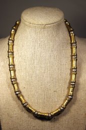 Designer Signed Gold And Silver Tone Barrel Shaped Beaded Necklace 18' Long