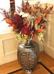 Tall Floor Standing Floral Arrangement In Silver Tone Vase