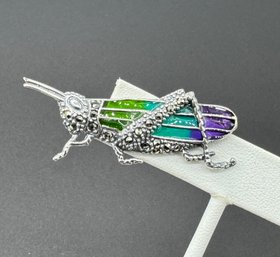 Unique Sterling Silver & Enamel Marcasite Grasshopper Brooch