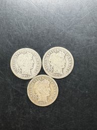 3 Barber Silver Dimes 1914, 1915, 1916