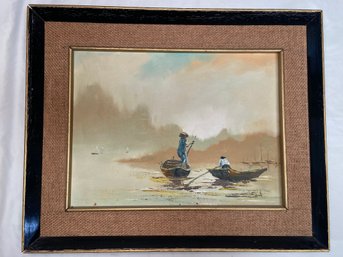 Landscape Water Scene Painting Signed Earl People In Boats 21x17 Matted Framed