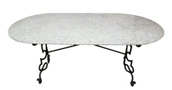 Contemporary Granite French Patisserie Style Table With Hand Forged Whimsical Squiggled Iron Base