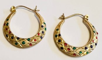 PRETTY 10K GOLD TEXTURED ENAMEL DOTS HOOP EARRINGS