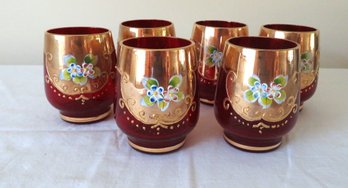 6 Cordial Bohemian Red And Gold Floral Glasses