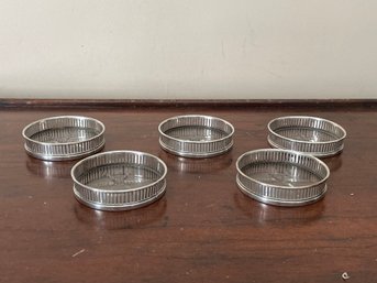 Lot Of 5 Vintage Sterling Coasters With Etched Star Glass Bottoms