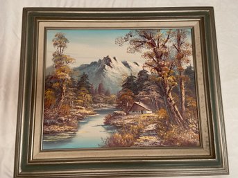 Signed Mitchell Landscape Mountain River Scene Original Painting  26x22 Framed