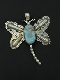 Large & Impressive Sterling Silver & Turquoise Dragonfly Pendant