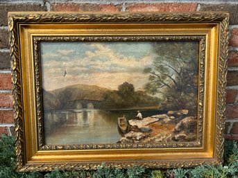 Antique 19th Century Waterside Landscape Oil Painting In Period Frame- NO SHIPPING