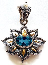 Barbara Bixby Sterling Silver & 18K Gold Lotus Flower Blue Topaz & Diamond Enhancer Pendant