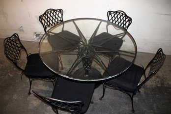 Vintage Woodard Wrought Iron And Glass Patio Table And Five Matching Chairs