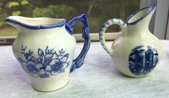 Lot Of 2 Miniature Mini Flow Blue & White Enesco Japan Pottery Pitcher / Creamers