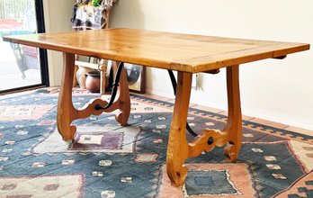 A Vintage Pine Trestle Table With Wrought Iron Brackets