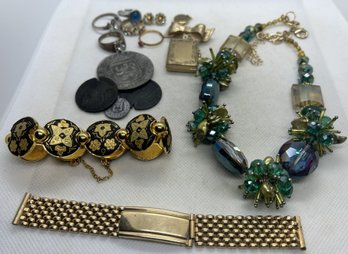 Vintage Mixed Jewelry Lot- Bohemian Necklace, Rings, Damascene Bracelet, Gold Filled Lockets & Earrings