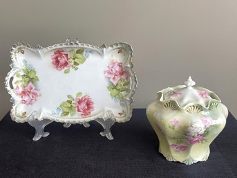 R.S. Prussia Hand Painted Dresser Tray And Biscuit Jar