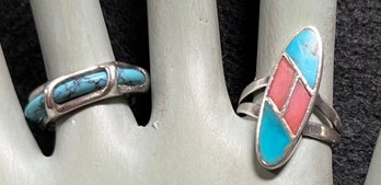 Vintage Ring Duo - Turquoise & 925 Sterling Band Size 8.5- Silver Red Stone & Turquoise Elongated Size 8