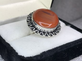 Very Pretty 925 / Sterling Silver & Carnelian Cocktail Ring - Nice Hand Done Details - Very Nice Ring !