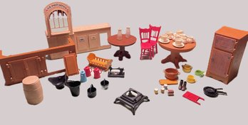 Lot Of Vintage Doll House Furniture With Ideal Refrigerator, Dishes, Cups, Tables, Post Office & More