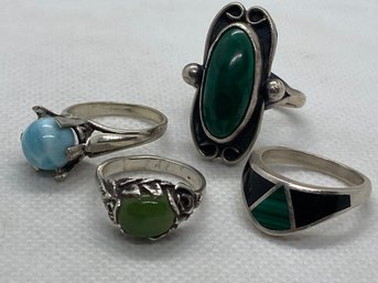 Grouping Of 4 Vintage Sterling Silver Rings- Jade, Navajo With Malachite
