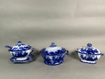 Antique J & G Alcock Scinde Flow Blue Covered Tureens & Serving Dish