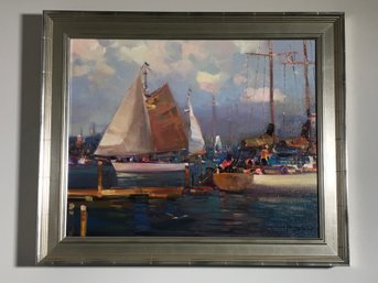 Very Pretty Oil On Canvas By MING FENG - Well Listed Artist - Beautiful Frame - Sail Boats In Sea Port