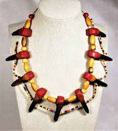 African Carved Wood 'tooth' Necklace Glass Beaded Necklace 16' Long